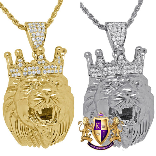 14K Gold Finish Simulated Diamond Lion King Head Men' Charm Crown Pendent + Chain