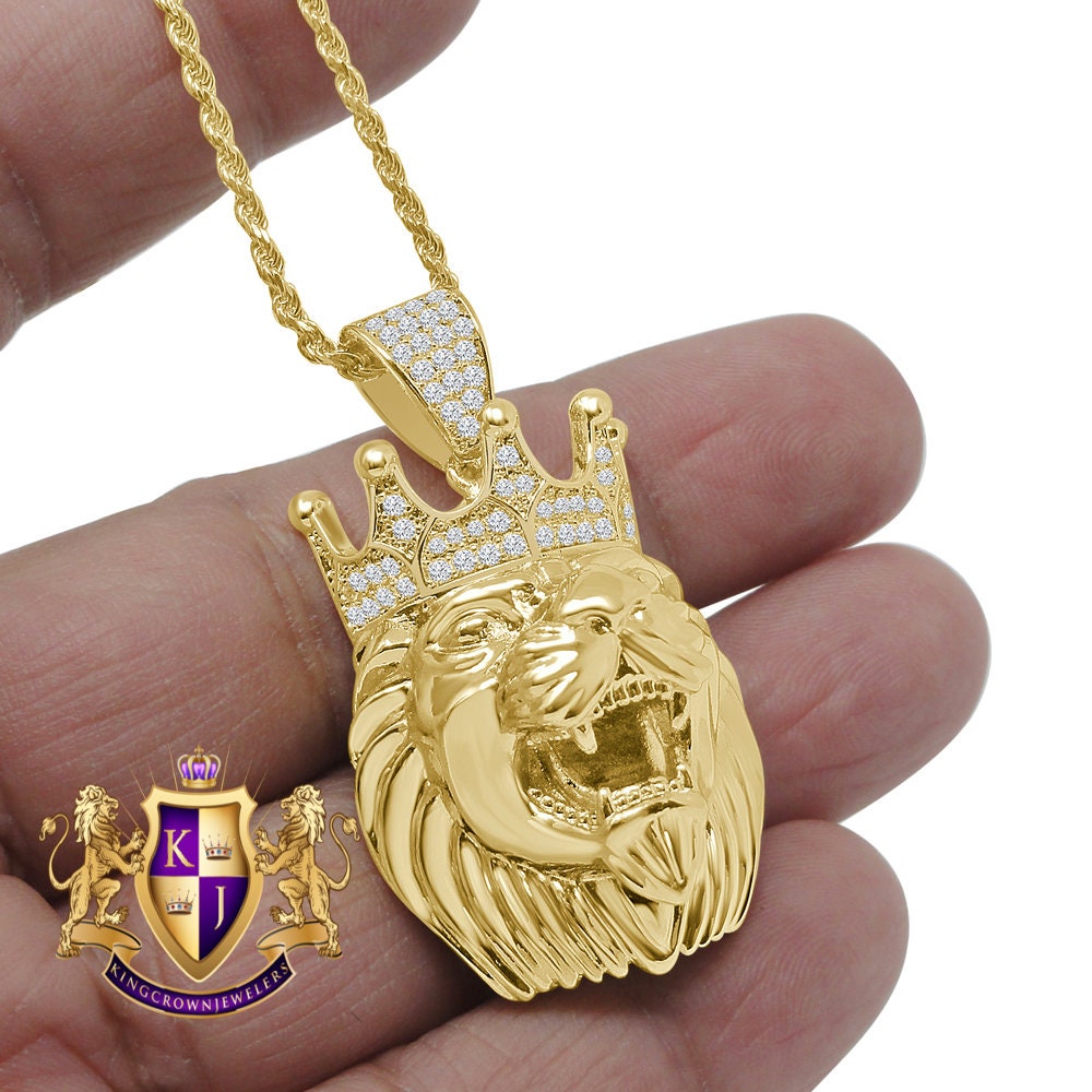 14K Gold Finish Simulated Diamond Lion King Head Men' Charm Crown Pendent + Chain