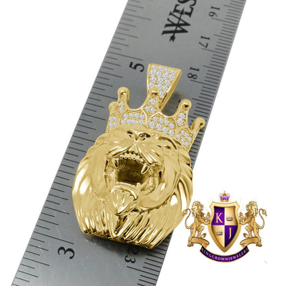 14K Gold Finish Simulated Diamond Lion King Head Men' Charm Crown Pendent + Chain