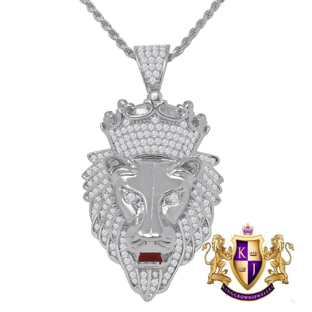14K Gold Finish Simulated Diamond Lion King Head Men' Charm Crown Pendent + Rope Chain