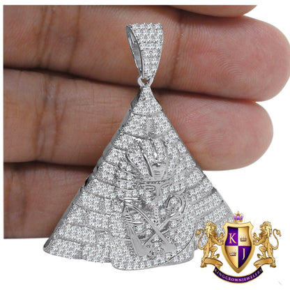 14k White  Gold On Real Sterling Silver Simulated Diamond Egyptian Pharaoh Pyramid Charm Pendant