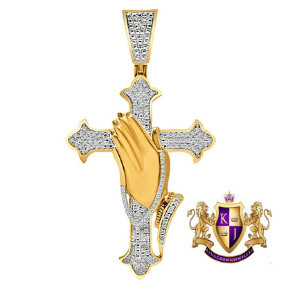 Men's Real Genuine Diamond Praying Hands Cross Charm 10K Gold Finish Pendant Charm 2.5''