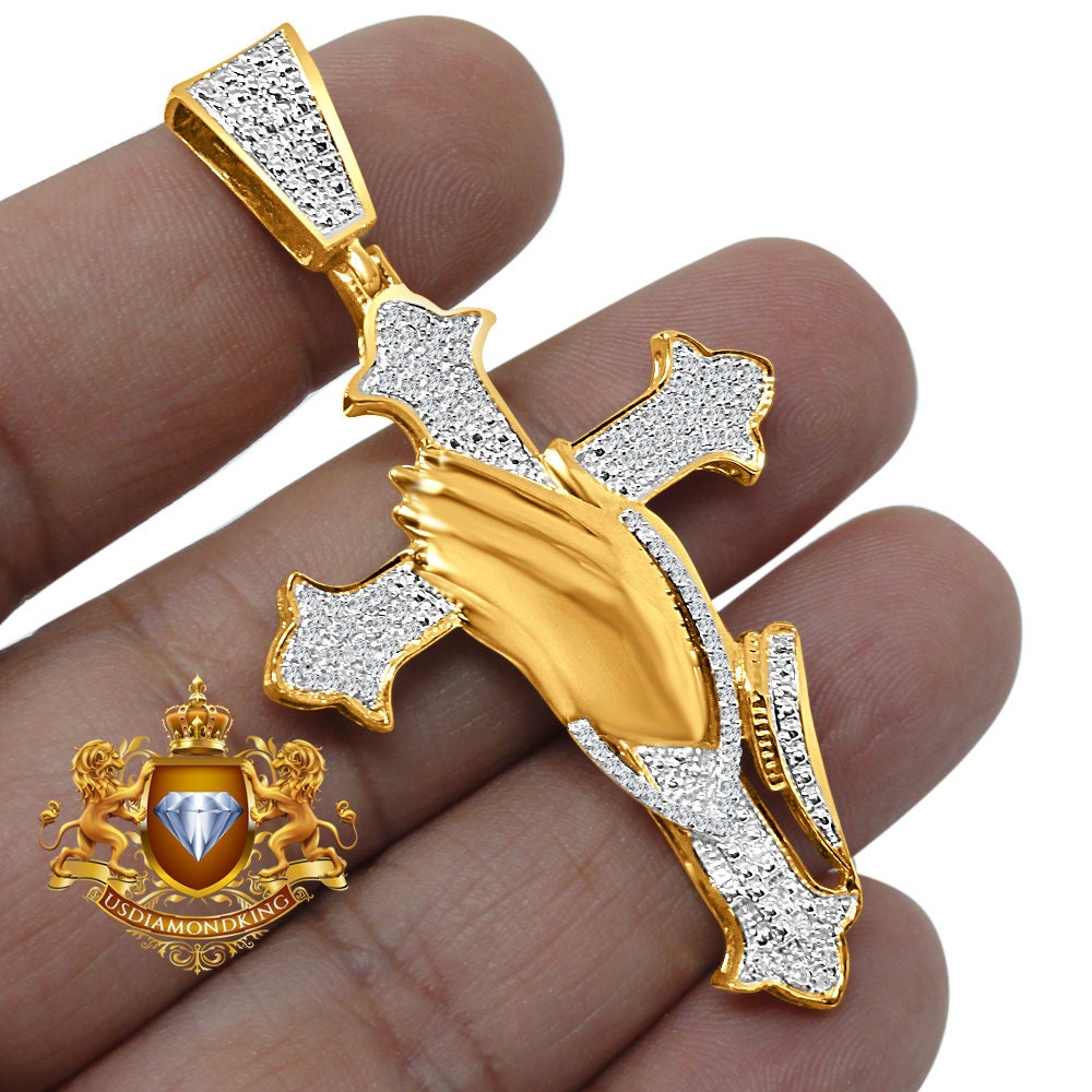 Men's Real Genuine Diamond Praying Hands Cross Charm 10K Gold Finish Pendant Charm 2.5''