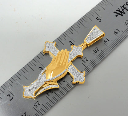 Men's Real Genuine Diamond Praying Hands Cross Charm 10K Gold Finish Pendant Charm 2.5''