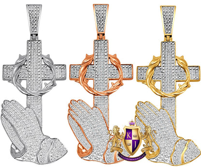 Real Genuine Diamond Praying Hands Cross Charm 10K Gold Finish Men's Pendant Charm 2.5''
