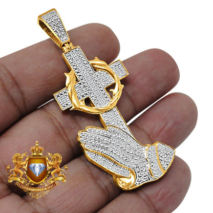 Real Genuine Diamond Praying Hands Cross Charm 10K Gold Finish Men's Pendant Charm 2.5''