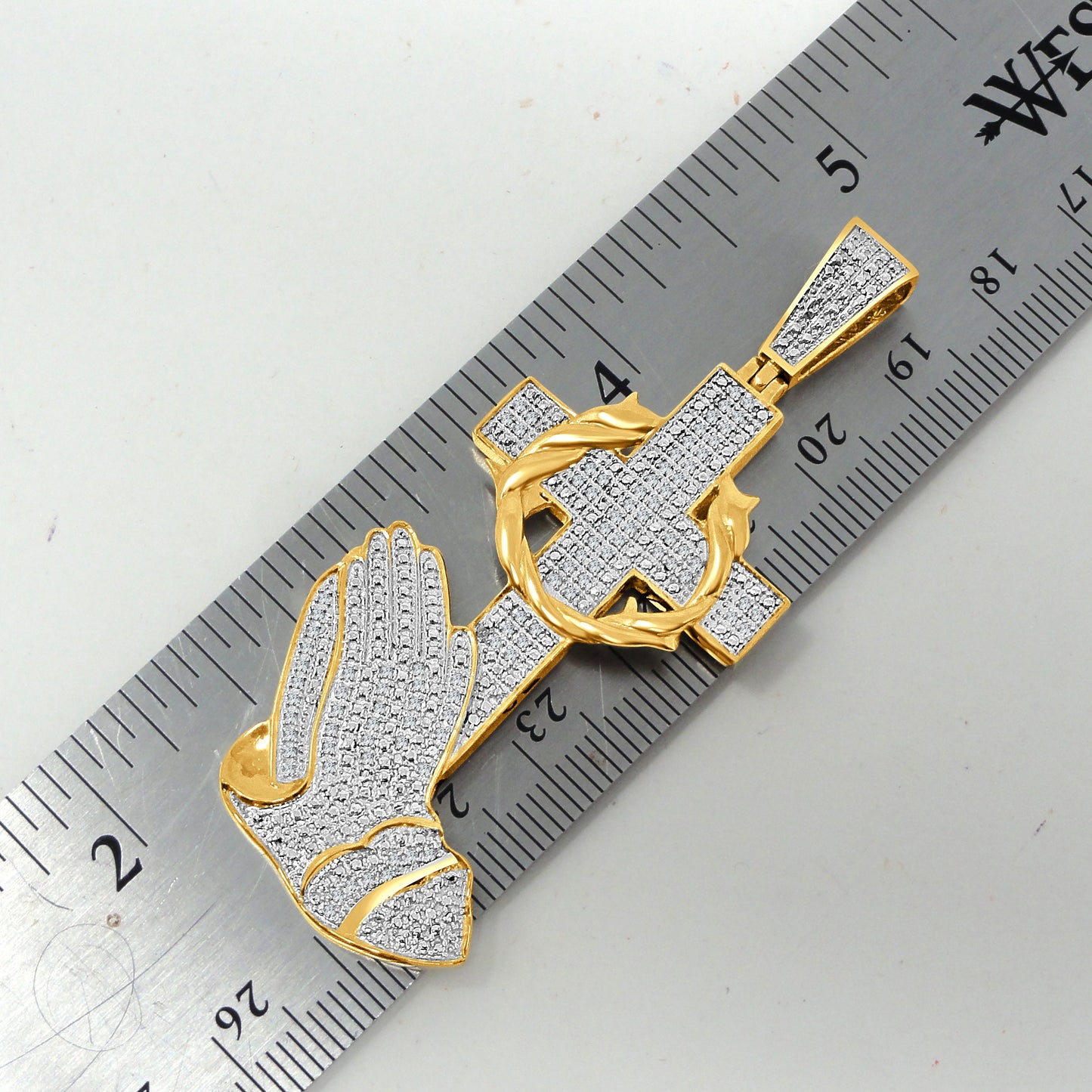 Real Genuine Diamond Praying Hands Cross Charm 10K Gold Finish Men's Pendant Charm 2.5''