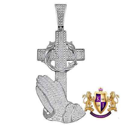 Real Genuine Diamond Praying Hands Cross Charm 10K Gold Finish Men's Pendant Charm 2.5''