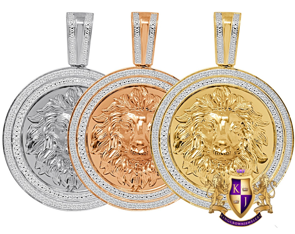 Real Genuine Authentic Diamond 0.33 Cwt. 23+ Grams Lion King Head Face Custom Piece 10K Solid Gold Finish Men's Round Pendant Charm 2.25''