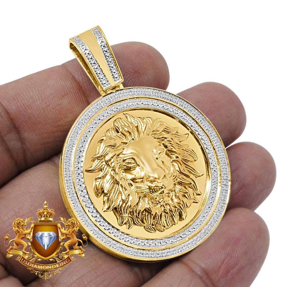 Real Genuine Authentic Diamond 0.33 Cwt. 23+ Grams Lion King Head Face Custom Piece 10K Solid Gold Finish Men's Round Pendant Charm 2.25''