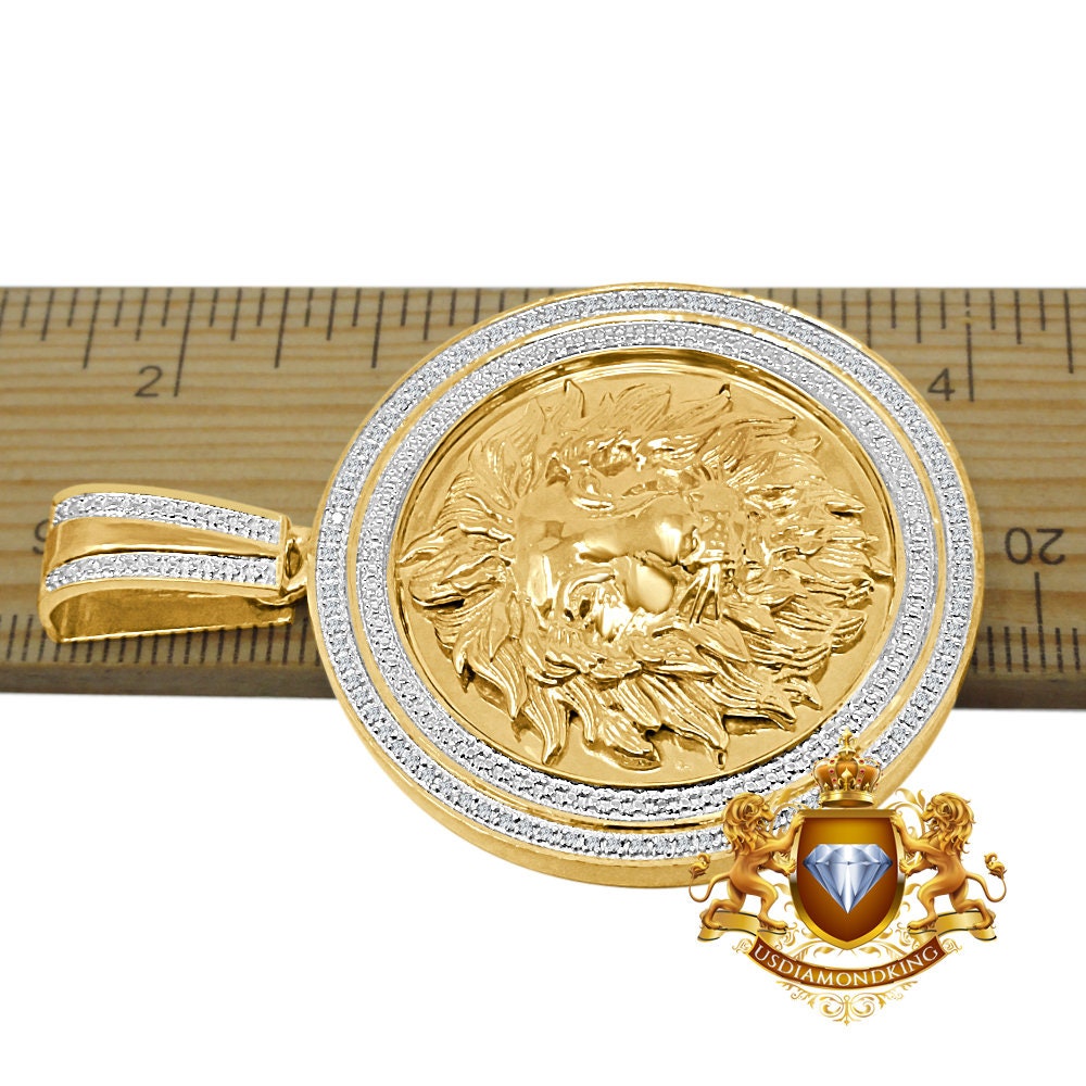 Real Genuine Authentic Diamond 0.33 Cwt. 23+ Grams Lion King Head Face Custom Piece 10K Solid Gold Finish Men's Round Pendant Charm 2.25''