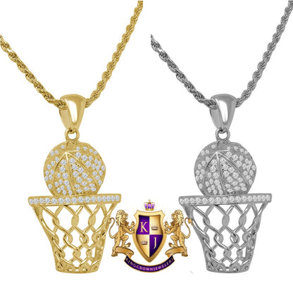Genuine Sterling Silver Gold Finish Basketball Hoop Exclusive Charm Simulated Diamond Mini Pendant Chain Set
