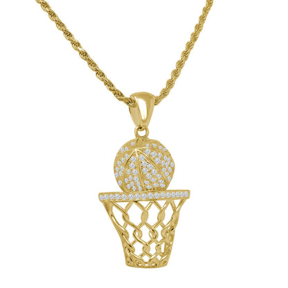 Genuine Sterling Silver Gold Finish Basketball Hoop Exclusive Charm Simulated Diamond Mini Pendant Chain Set
