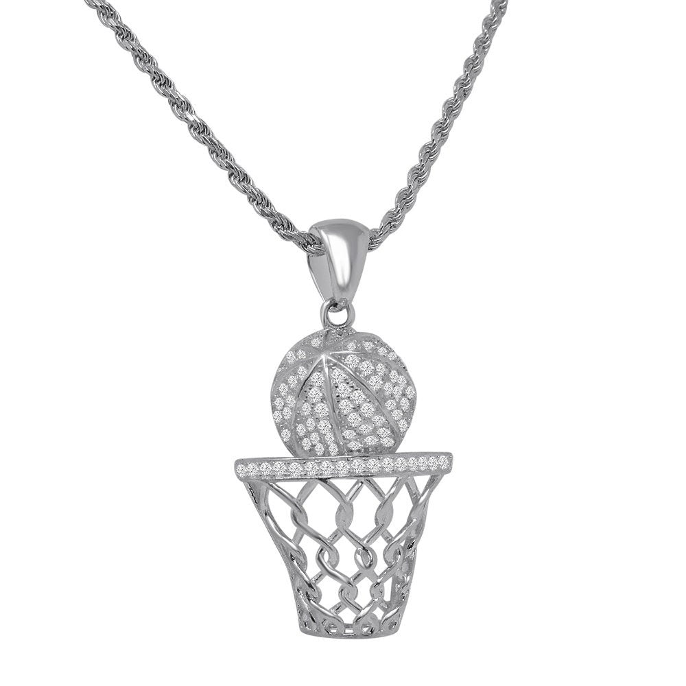 Genuine Sterling Silver Gold Finish Basketball Hoop Exclusive Charm Simulated Diamond Mini Pendant Chain Set