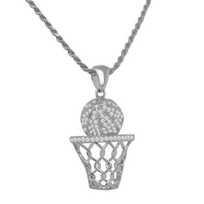 Genuine Sterling Silver Gold Finish Basketball Hoop Exclusive Charm Simulated Diamond Mini Pendant Chain Set