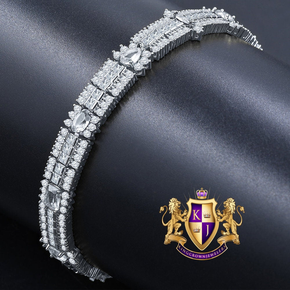 14k White Gold Over Real Sterling Silver 10 Cwt. Round /Princess Cut Diamond Unisex Tennis Link Bracelet