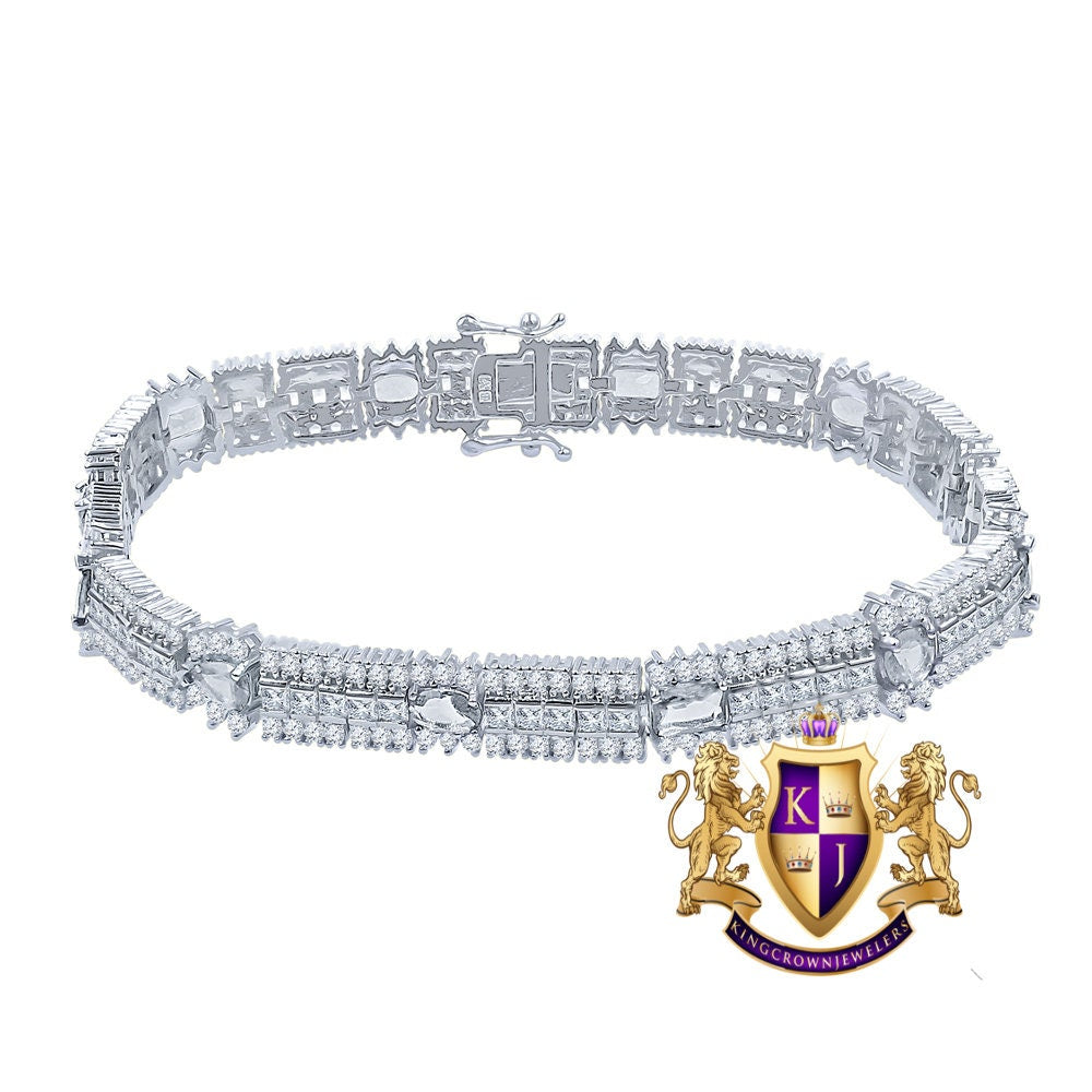 14k White Gold Over Real Sterling Silver 10 Cwt. Round /Princess Cut Diamond Unisex Tennis Link Bracelet
