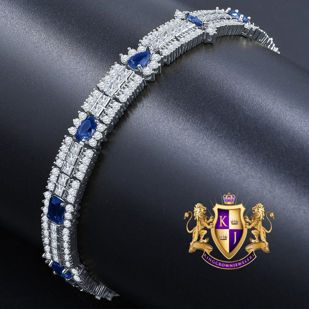 14k White Gold Over Real Sterling Silver 10 Cwt. Sapphire Blue Round /Princess Cut Diamond Unisex Tennis Link Bracelet
