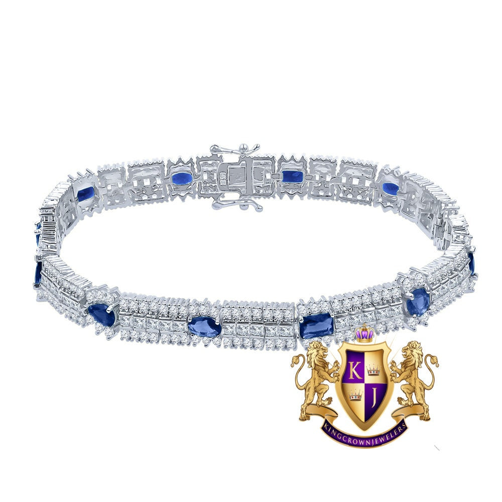14k White Gold Over Real Sterling Silver 10 Cwt. Sapphire Blue Round /Princess Cut Diamond Unisex Tennis Link Bracelet