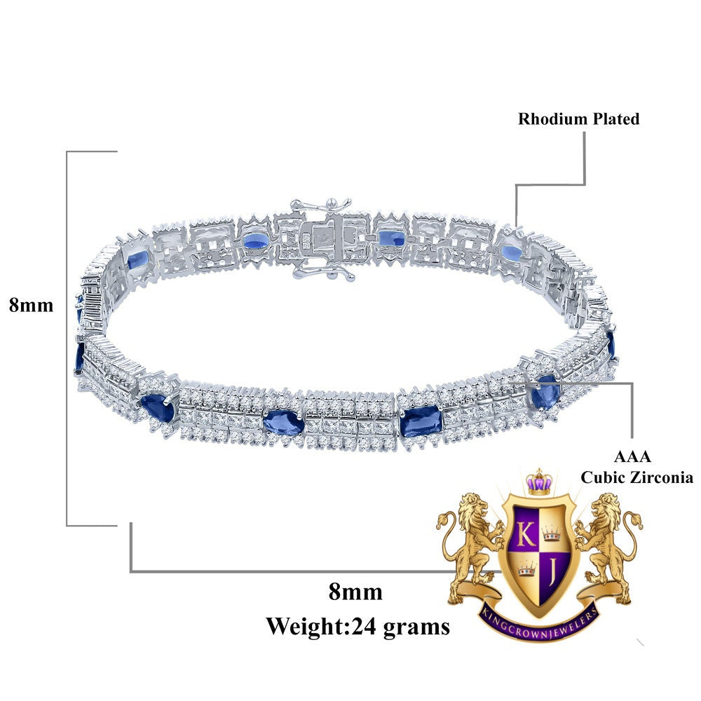 14k White Gold Over Real Sterling Silver 10 Cwt. Sapphire Blue Round /Princess Cut Diamond Unisex Tennis Link Bracelet