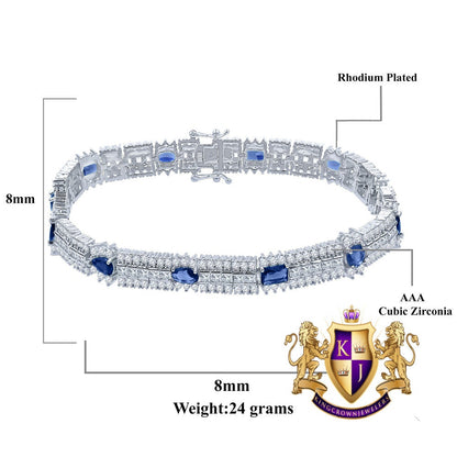 14k White Gold Over Real Sterling Silver 10 Cwt. Sapphire Blue Round /Princess Cut Diamond Unisex Tennis Link Bracelet