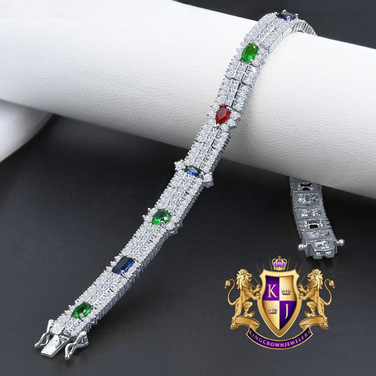 14k White Gold Over Real Sterling Silver 10 Cwt. Rainbow Multi Round /Princess Cut Diamond Unisex Tennis Bracelet