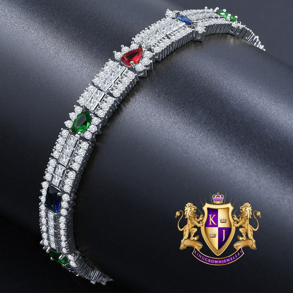 14k White Gold Over Real Sterling Silver 10 Cwt. Rainbow Multi Round /Princess Cut Diamond Unisex Tennis Bracelet