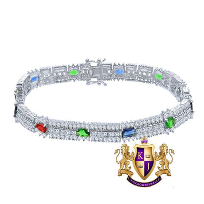 14k White Gold Over Real Sterling Silver 10 Cwt. Rainbow Multi Round /Princess Cut Diamond Unisex Tennis Bracelet