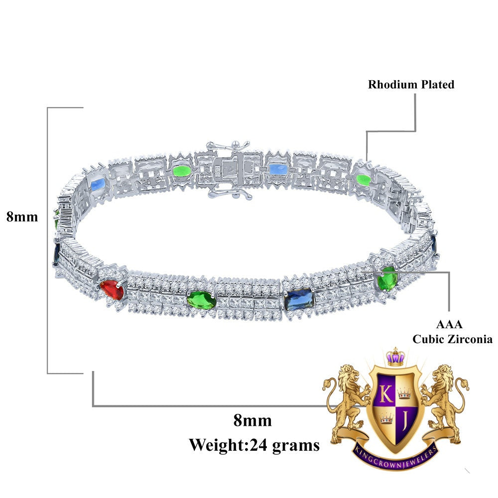 14k White Gold Over Real Sterling Silver 10 Cwt. Rainbow Multi Round /Princess Cut Diamond Unisex Tennis Bracelet