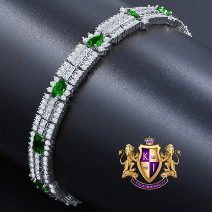 14k White Gold Over Real Sterling Silver 10 Cwt. Emerald Green Round /Princess Cut Diamond Unisex Tennis Link Bracelet