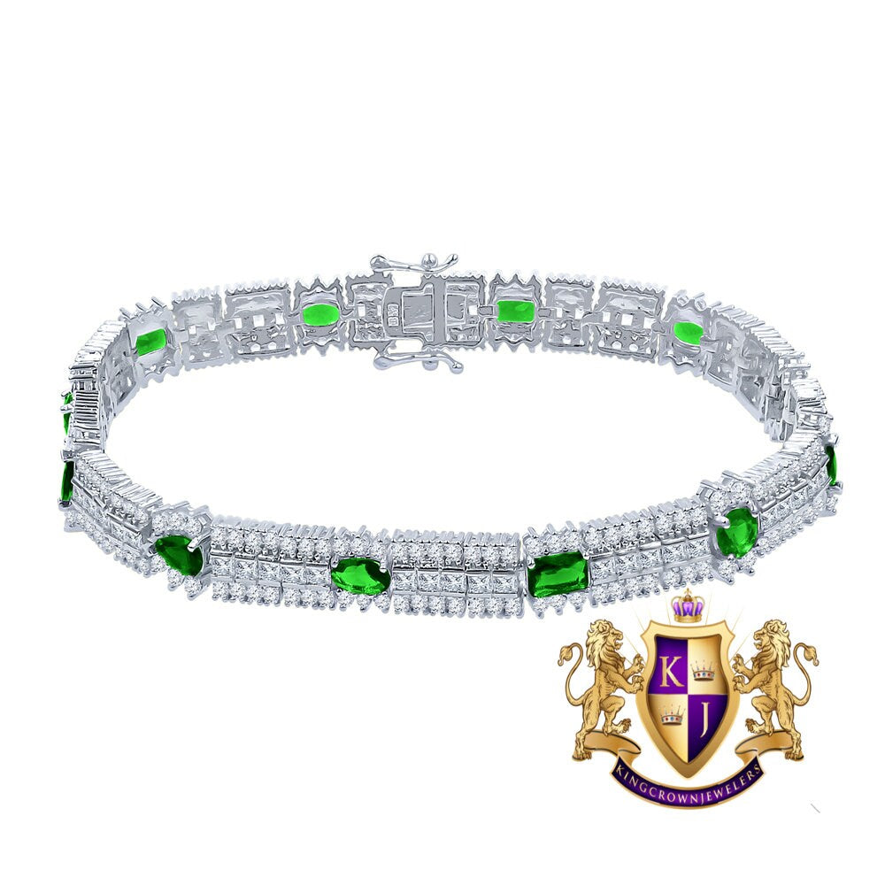 14k White Gold Over Real Sterling Silver 10 Cwt. Emerald Green Round /Princess Cut Diamond Unisex Tennis Link Bracelet