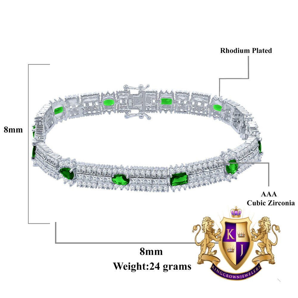 14k White Gold Over Real Sterling Silver 10 Cwt. Emerald Green Round /Princess Cut Diamond Unisex Tennis Link Bracelet