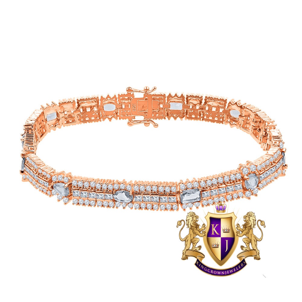 14k Rose Gold Over Real Sterling Silver 10 Cwt. Round /Princess Cut Diamond Unisex Tennis Link Bracelet