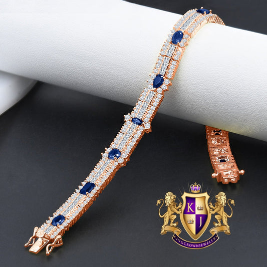 14k Rose Gold Over Real Sterling Silver 10 Cwt. Sapphire Blue Round /Princess Cut Diamond Unisex Tennis Link Bracelet
