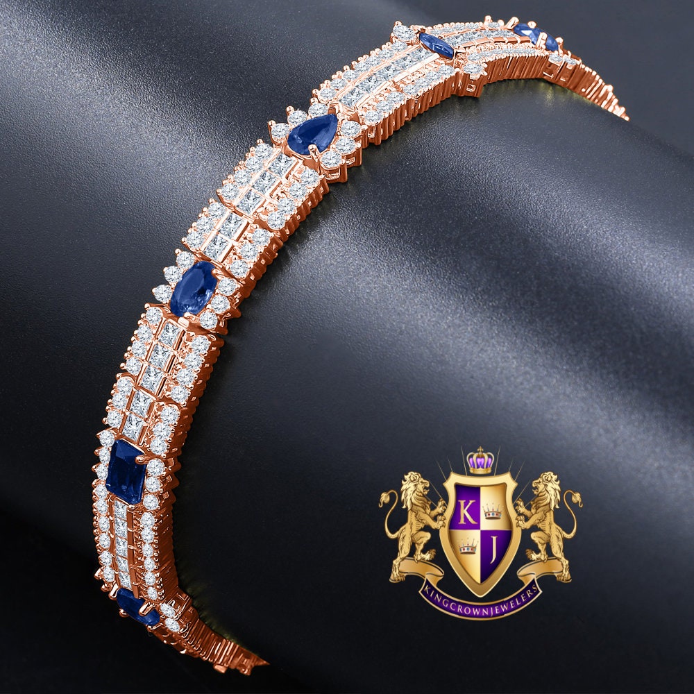 14k Rose Gold Over Real Sterling Silver 10 Cwt. Sapphire Blue Round /Princess Cut Diamond Unisex Tennis Link Bracelet