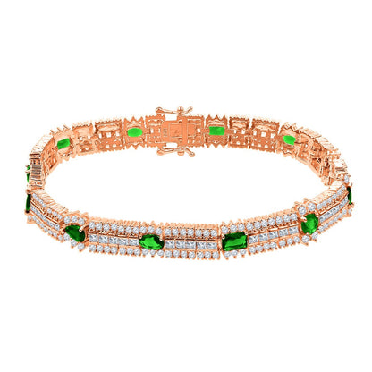 14k Rose Gold Over Real Sterling Silver 10 Cwt. Emerald Green Round /Princess Cut Diamond Unisex Tennis Link Bracelet