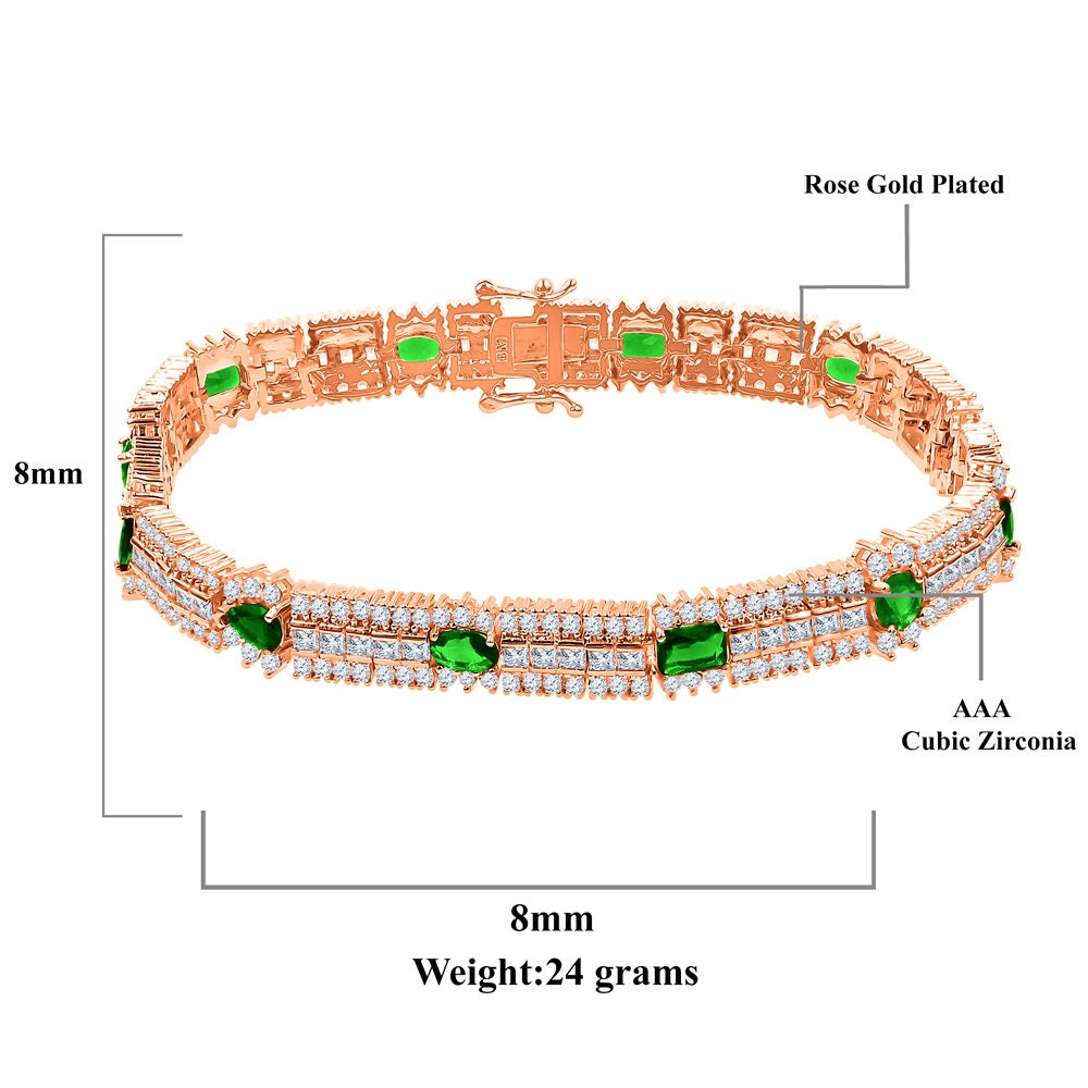 14k Rose Gold Over Real Sterling Silver 10 Cwt. Emerald Green Round /Princess Cut Diamond Unisex Tennis Link Bracelet