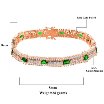 14k Rose Gold Over Real Sterling Silver 10 Cwt. Emerald Green Round /Princess Cut Diamond Unisex Tennis Link Bracelet