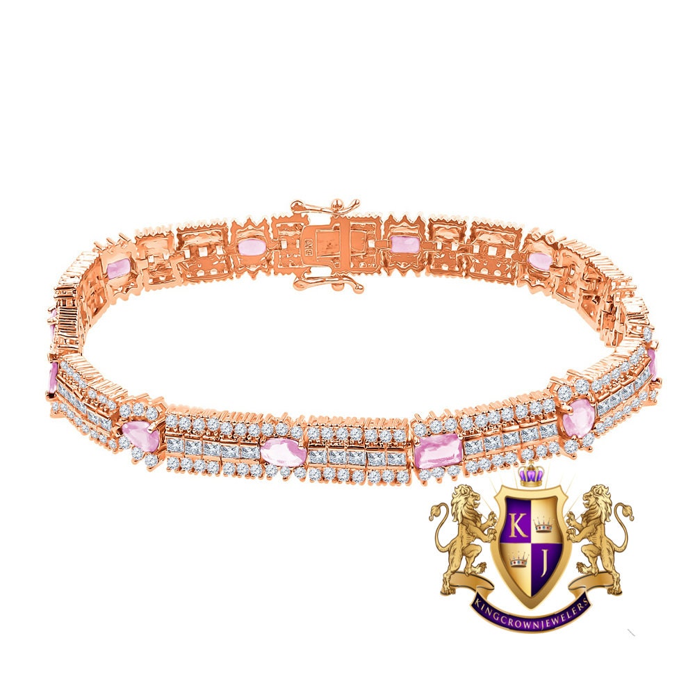 Soft Baby Pink 14k Rose Gold Over Real Sterling Silver 10 Cwt. Round /Princess Cut Diamond Unisex Tennis Link Bracelet