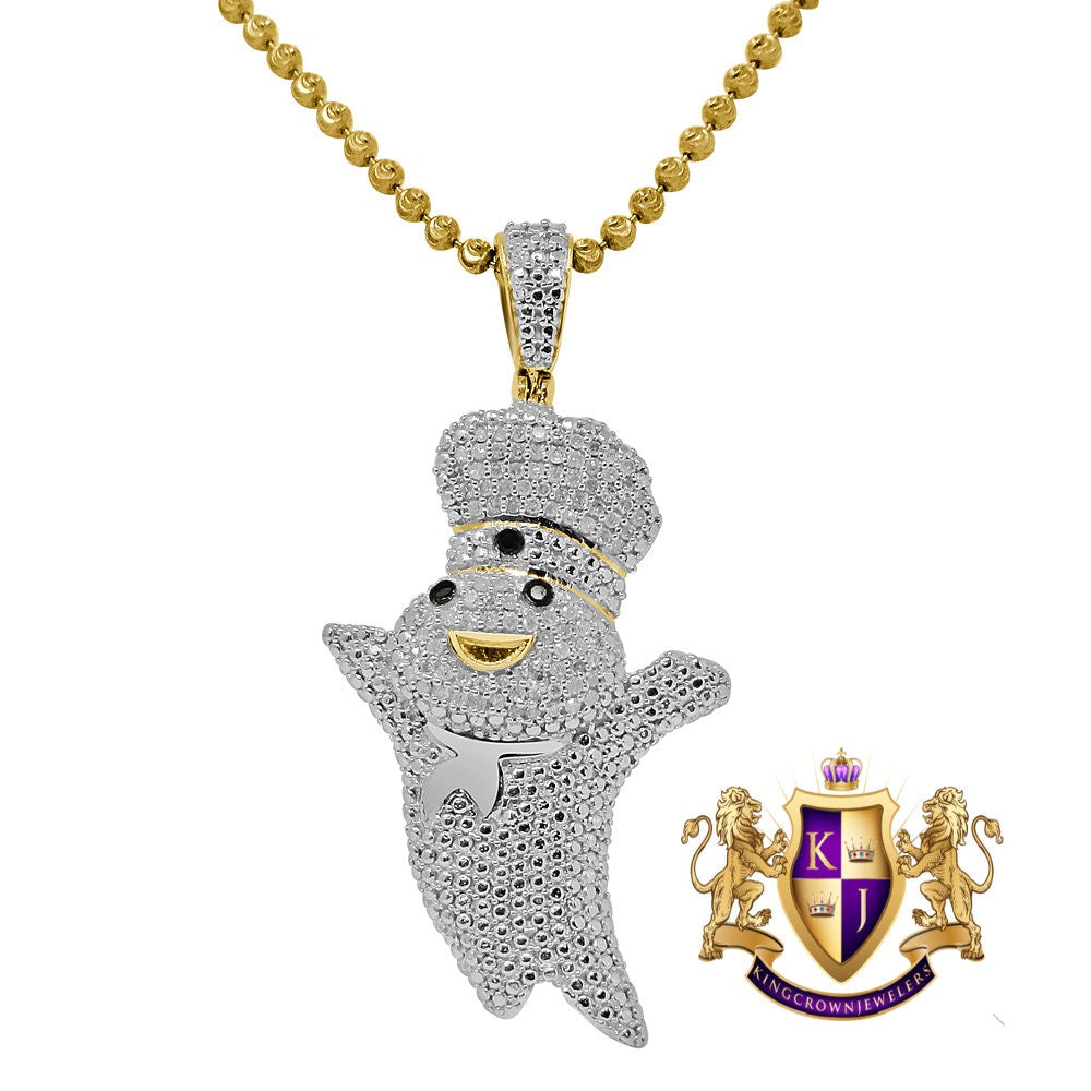 Real Genuine Diamond Pillsbury Dough Boy Pendant 10K Gold Finish Charm Chain Set