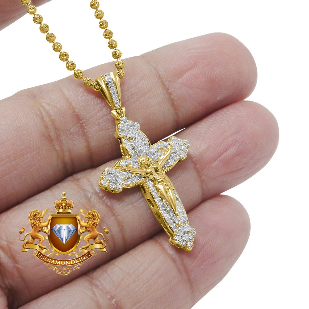 Men's Real Genuine Diamond Mini Crucifix Jesus Cross Pendant Charm Chain Set 10K Gold Finish
