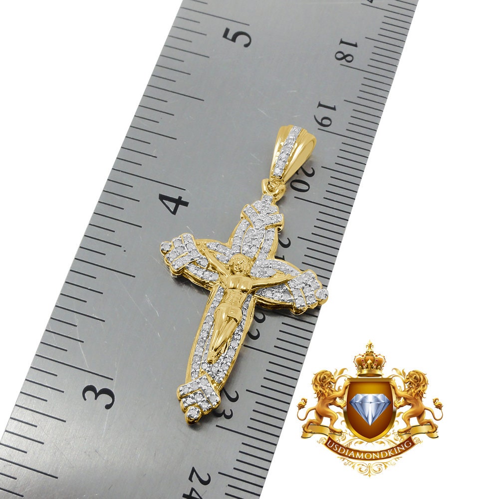 Men's Real Genuine Diamond Mini Crucifix Jesus Cross Pendant Charm Chain Set 10K Gold Finish