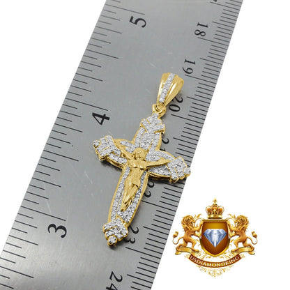 Men's Real Genuine Diamond Mini Crucifix Jesus Cross Pendant Charm Chain Set 10K Gold Finish