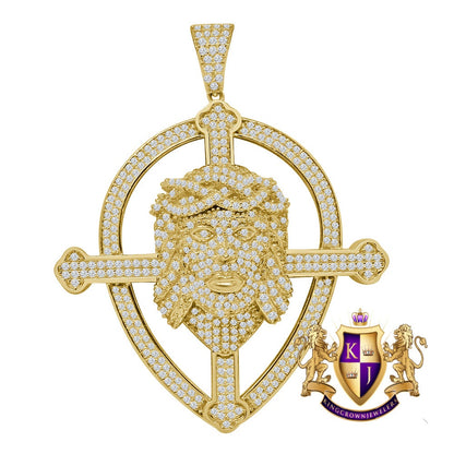 Men's Real Genuine Sterling Silver 14K Gold Finish Simulated Diamonds Jesus Piece Cross Charm Pendent 2.25''