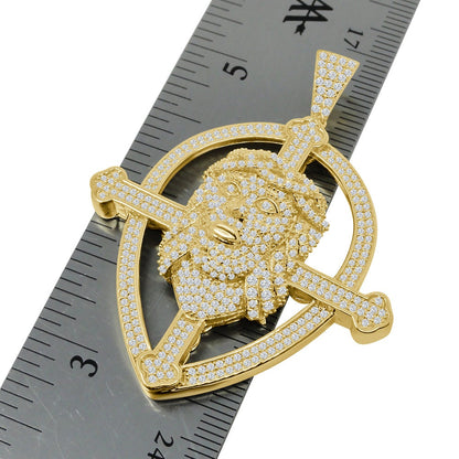 Men's Real Genuine Sterling Silver 14K Gold Finish Simulated Diamonds Jesus Piece Cross Charm Pendent 2.25''
