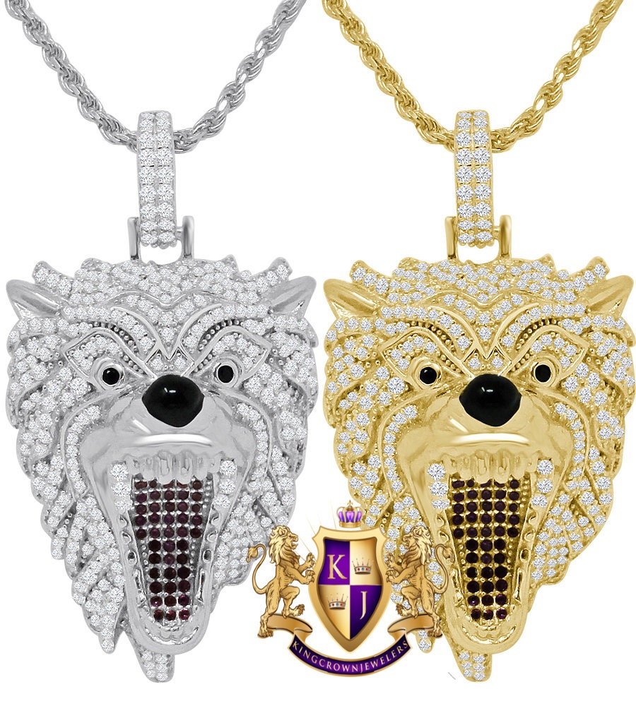 Men's Genuine Real sterling Silver 14K Gold Finish Simulated Diamonds Wild Wolf Snarling Animal Charm Pendent Chain Set 2.25''