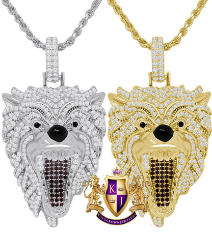 Men's Genuine Real sterling Silver 14K Gold Finish Simulated Diamonds Wild Wolf Snarling Animal Charm Pendent Chain Set 2.25''