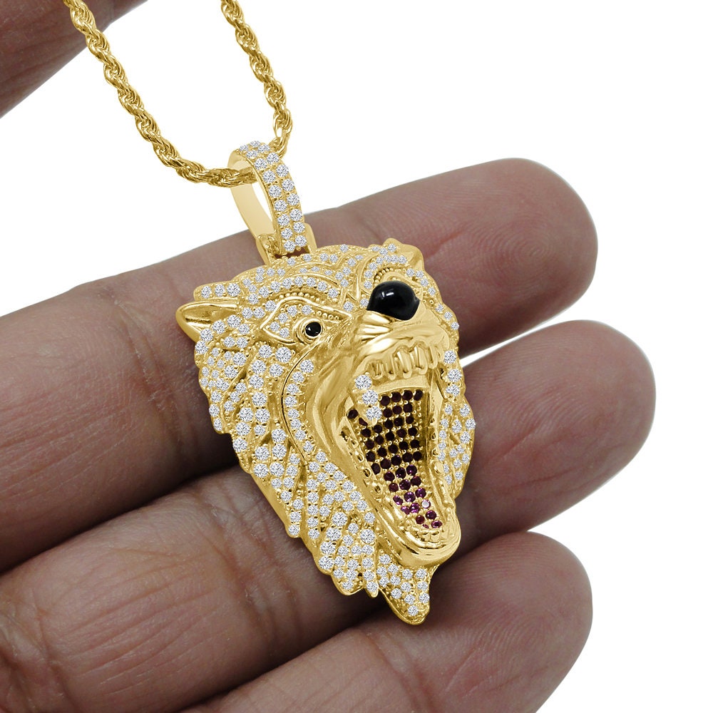Men's Genuine Real sterling Silver 14K Gold Finish Simulated Diamonds Wild Wolf Snarling Animal Charm Pendent Chain Set 2.25''