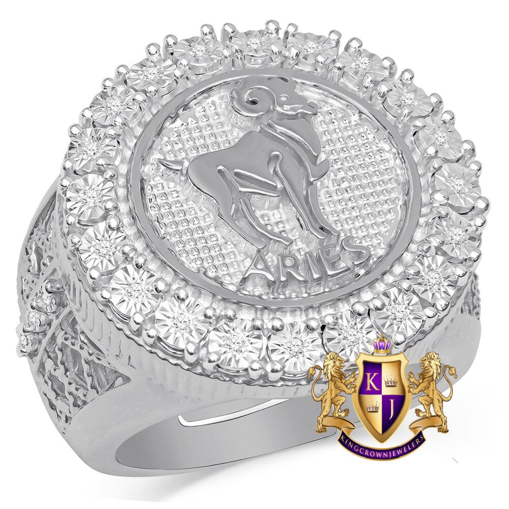 Real Genuine Authentic Diamonds Aries Rams  Zodiac Lucky Sign Astrology Horoscope Men's Ring Band 10K Gold Finish