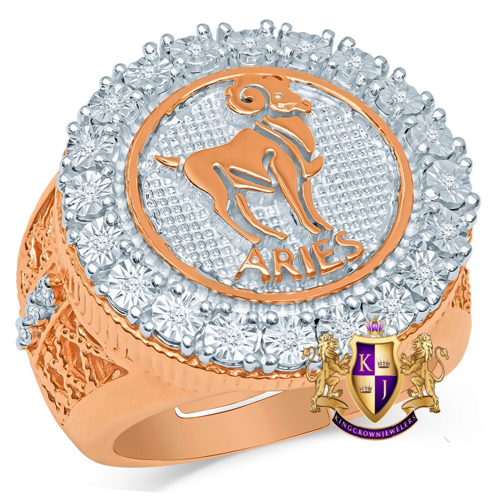 Real Genuine Authentic Diamonds Aries Rams  Zodiac Lucky Sign Astrology Horoscope Men's Ring Band 10K Gold Finish